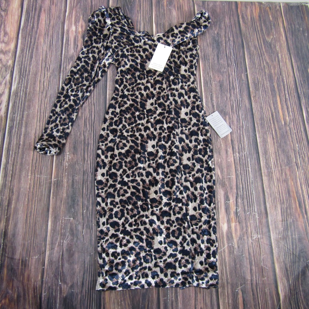 Lavish Alice Dress Womens US 2 Leopard One Shoulder Bodycon Midi Long Sleeve